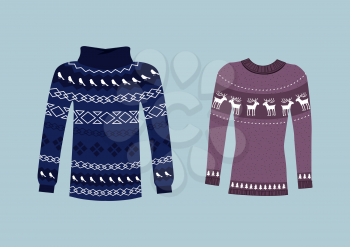 Winter warm sweater handmade, svitshot, jumper for knit. Sweater Icon. Womens sweaters, mens sweater, unisex sweater. Sweaters or jumpers with deers icons. Christmas, New Year. Isolated sweater