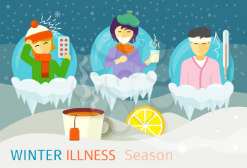 Winter illness season people design. Cold and sick, virus and health, flu infection, fever disease, sickness and temperature, unwell and scarf illustration
