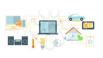Internet of things icon flat design. Network and iot technology, web and smart home, mobile digital, wireless connect, communication equipment illustration. Internet of things. Smart house