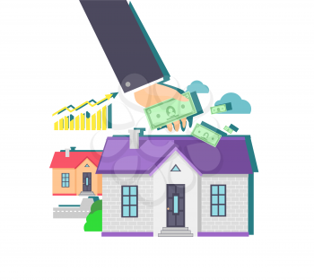 Invest in real estate icon flat design. House building, investment money, industry financial, finance and business residential, architecture home, construction illustration. Invest in real estate