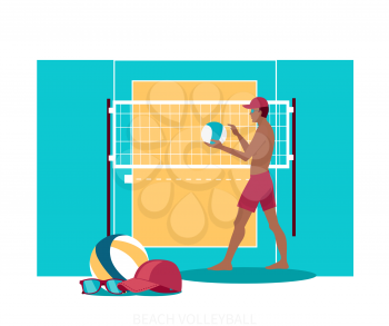 Beach volleyball sport concept icon flat design. Game team, competition championship, activity summer lifestyle, match tournament, hobby and training illustration. Volleyball game. Volleyball player