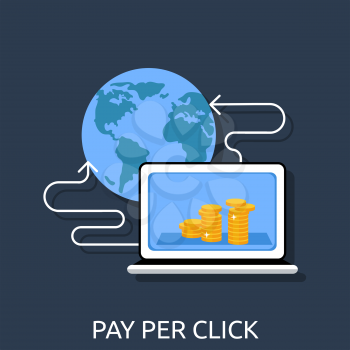 Pay per click internet advertising model when the ad is clicked. Monitor with button buy modern flat design cartoon style. Pay per click concept. Pay per click vector illustration. Globe pay per click