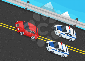 Isometric police fines car design flat isolated. 3D fine car, police officer traffic, policeman person fines, 3d transportation driver fines,  fines transport, sheriff fines guy security and violation
