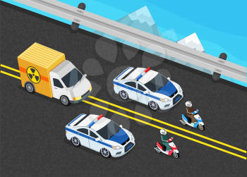 Isometric police motorcade car important toxic load. 3D Police guard, delivery escort, 3d policeman motorcycle, cortege car, toxic safety chemical, truck delivery danger, police storage hazardous