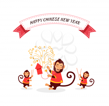 New Year card with monkey. Happy Chinese New Year 2016. New Year monkey. Chinese zodiac monkey. Year of monkey 2016. Chinese New Year greetings. Monkeys in traditional chinese background. Year Monkey