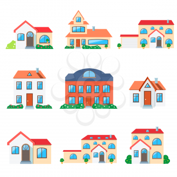 Set of real estate. Small house. House icon. Isolated house. Home house in flat design style. Colorful residential houses. Home, building, house exterior, real estate,  family house, modern house