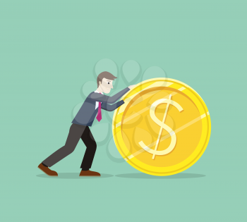 Time for invest, man with gold coin. Time investmen concept, finance and money, investor and stock market, business man invest gold, old gold money, banking treasure, roll dollar invest illustration