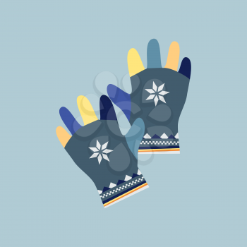 Mitten icon. Gloves icon. Pair of knitted christmas mittens. Winter mittens in soft vintage colors. Knitted warm mittens.  Pair of gloves. Mittens gloves for cold weathe. Vector illustration.