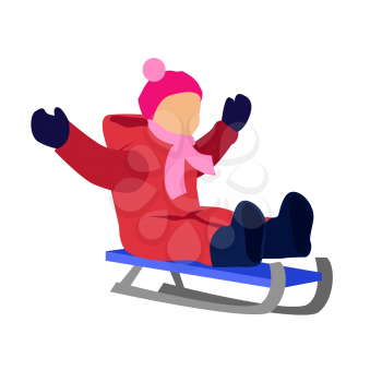 Sledding children design flat style. Sleigh toboggan, winter, sledge, snow and sled, slide and leisure, seasonal weather nature, downhill tobogganing, motion and recreation illustration