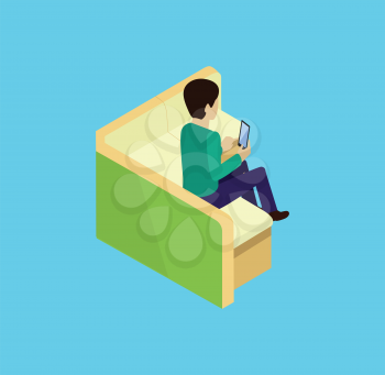 Man sitting on couch isomertic icon isolated. Man sitting, couch or sofa, adult person man relaxation, comfortable couch, guy resting, couch furniture, man with tablet, man relax on couch illustration