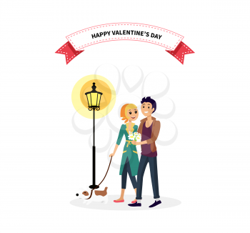Happy valentine day couple walk with dog. Man woman couple with dog, valentines day, couple in love, happy valentine, happy couple, young couple, love people, romantic couple with pet illustration