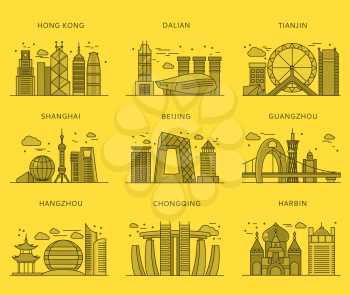 Icons Chinese major cities flat style. Shanghai and china, Beijing and Guangzhou, Hong Kong and Dalian, Tianjin and Harbin, Chongqing and Hangzhou illustration. Black and yellow color