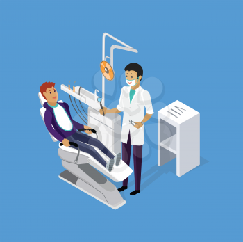 Isometric dentist office during reception patient. Dentistry and doctors office, dentist and patient, dentist chair, dental and medical, health oral, mouth healthcare illustration