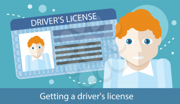Cartoons man with driver license modern car and road. Driver license identification card. International plastic driver licence. Vector driver license. Identification concept. Flat cartoon design