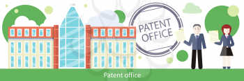 Patent office concept in flat design. Attorneys patent agents man and woman holding certificates of invention. Patent idea protection. Copyright and law, patenting copyright, intellectual property