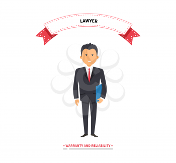 Lawyer man warranty and reliability. Lawyer and attorney, legal businessman, business person lawyer, confident lawyer,  manager man, job professional executive lawyer, worker lawyer illustration