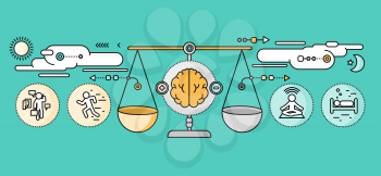 Diagnosis of brain psychology flat design. Psychiatry therapy, disorder and meditation, emotion stress, human mind health, intellect and medicine, mental and neurology. Set of thin, lines icons