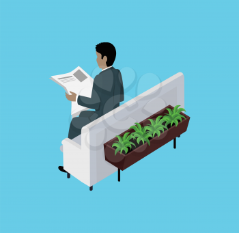 Isometric man reading newspaper design flat. 3D man with newspaper, reader read newspaper, young man sit, business man read article, businessman reading, daily page, executive man read correspondence