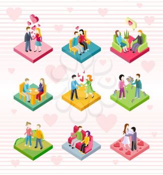 Isometric happy valentine day couple on date. 3D couple lover on valentine day, happy valentine, couple love young, shopping love couple, woman man restaurant, holiday valentine day man give flower