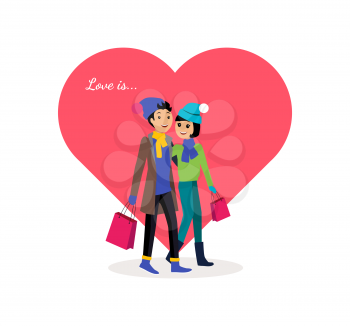 Happy valentine day couple shopping. Day of valentine, couple people, valentines day, happy valentine, couple in love, young couple, love and happy couple, romantic valentine day illustration. Love is
