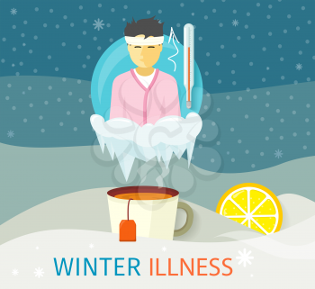 Winter illness season people design. Cold and sick, virus and health, flu infection, fever disease, sickness and temperature, unwell and scarf illustration. Infected infographic. Illness concept
