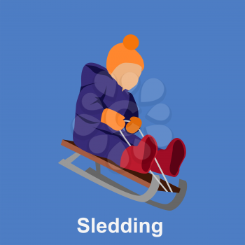 Sledding children design flat style. Sleigh toboggan, winter, sledge, snow and sled, slide and leisure, seasonal weather nature, downhill tobogganing, motion and recreation illustration