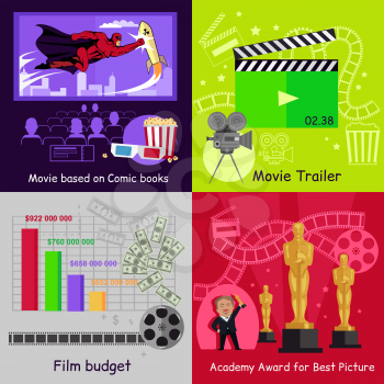 Cinema set banners film movie design. Best picture, award academy, trailer and budget, book comic based, movie cinema, film video, art production cinema, banner production movie illustration 
