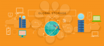 Global storage design flat concept. Global and storage, internet technology, cloud global information, communication digital storage, global data, connection global, web global storage illustration