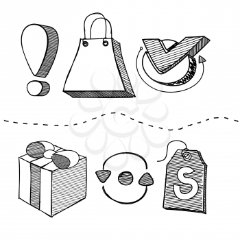 Hand drawn shopping element design. Shopping drawn, shopping bag, store and shopping icon, sale doodle sketch, hand drawing label, business shopping element, shopping gift box drawn illustration 