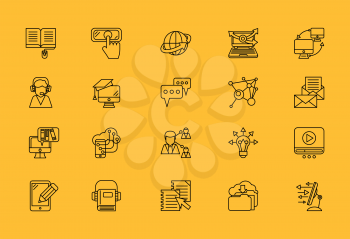 Set of e-learning thin, lines, outline, strokes icons. Elements of the process of communication in e-education student, teacher computer on yellow background. For web and mobile applications 