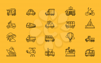 Set of transport thin, lines, outline, strokes icons. Different kinds of transport airplane bicycle train automobile, balloon ship sailboat black on yellow. For web mobile applications 