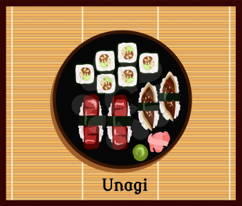 Unagi sushi design flat food japanese. Unagi roll, unagi food, japanese sushi unagi, dish unagi in restaurant, tradition culinary, cook unagi, tasty unagi, lunch delicious unagi illustration