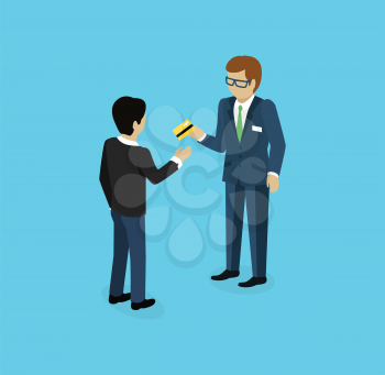 Man give credit card icon isometric. Man with card, businessman with credit card, card in hand, payment finance card, pay and buy with card, money on credit card, worker with card illustration