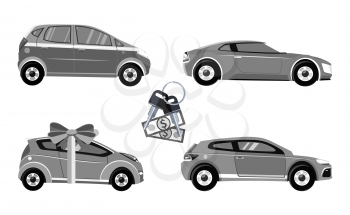 Concept of buying selling rental car. Buy transport, auto rent, sale and loan, automobile and vehicle, purchase and deal cars, credit and pay car, offer and money vector illustration. Black on white