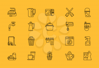 Set of thin, lines, outline, strokes icons. Cooking tools, kitchenware equipment, food preparation elements home appliance microwave iron, kettle, blender. Web mobile applications. Black on yellow 