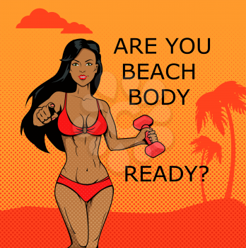 Fitness girl. Beach body ready design. Body and beach, female young fitness woman, summer attractive model, athlete fitness female, beautiful beach body vector illustration