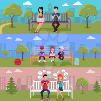 Internet addiction disorder technology. People and child game smartphone in park, web addict, internet dependence, technology mobile addiction, social web addiction vector illustration