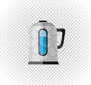 Sale of household appliances. Electronic device water kettle logo. Home appliances in flat style. Water kettle, electrical appliances, silver kettle, vector water boiler