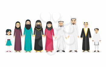 Arabian family people in national clothes design flat. Arabian man and family, arabesque or islamic people, muslim arabic family, boy arab, parent islam, man woman and children. Vector illustration