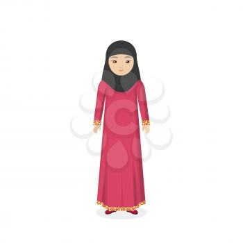 Arabian traditional clothes people. Arab traditional muslim, arabic woman clothing, east arabian dress, ethnicity islamic face, person human woman isolated on white. Vector illustration