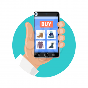 Online shop icon flat. Sale and buy. Buying in the internet shop. Selecting a product with the smartphone, the payment of money for the purchase. Showcase trendy clothing store. Vector illustration
