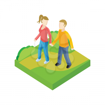 Couple walk in park design flat. People outdoor, together couple man and woman, young people walk, adult woman walking, friendship lover pair, walkway rest vector illustration