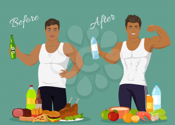 Figure of a man before and after weight loss, figure boy before and after, diet body man before and after vector illustration. Fat man in front of fast food. Man with sports figure near healthy food