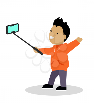 Boy video blogger with smart phone. Blogger takes a video with the help of sticks and selfie smartphone. Young guy preparing for his plot online blog. Shooting telephone. Vector illustration
