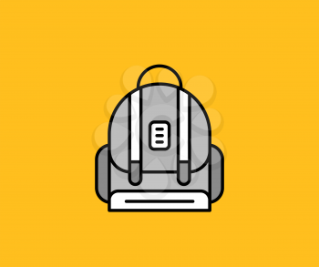 Backpack design flat icon isolated. School bag and kids backpack, isolated icon back  pack, education and study school, schoolbag luggage, rucksack vector illustration on yellow background