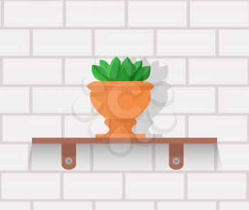 Houseplant design flat concept. House plant pot isolated, indoor plants flower and green nature, leaf and pot, gardening growth vector illustration. Vase with flowers on shelf against wall of brick