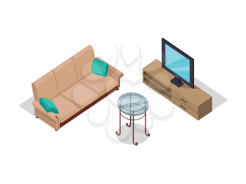 Sofa and TV on table isometric design. Furniture isometric interior sofa and tv, room living furniture, house furniture, 3d domestic furniture and detail model vector illustration