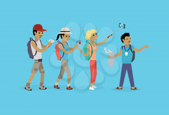 Tourists people group flat style. Travel and tourist group, tour and tourist isolated guide, vacation and tourist people summer leisure vector illustration. Group of tourists