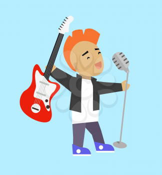 Singer guitarist with microphone and guitar. Popular rock singer singing a song with electric guitar and microphone isolated on background. Young guy with iroquois haircut. Vector illustration