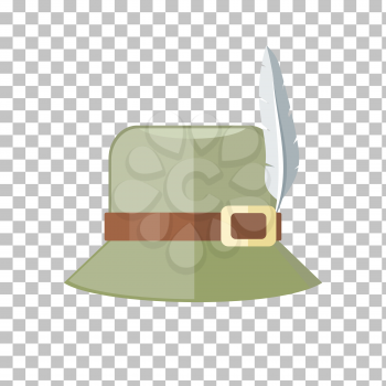 Summer hat isolated on checkered background. Green panama with brown ribbon for protection from sun and rain weather conditions. Hunter hat with feather. Garment for wearing head. Vector illustration